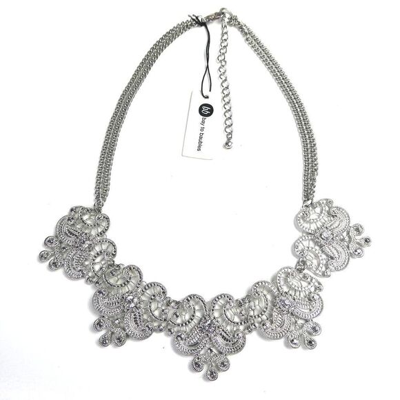 Bay to Baubles Silver Tone Filigree Bib Statement Necklace Adjustable NEW NWT - Picture 1 of 6
